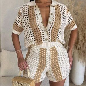 Stylish Crochet Knit Set in Cream and Tan